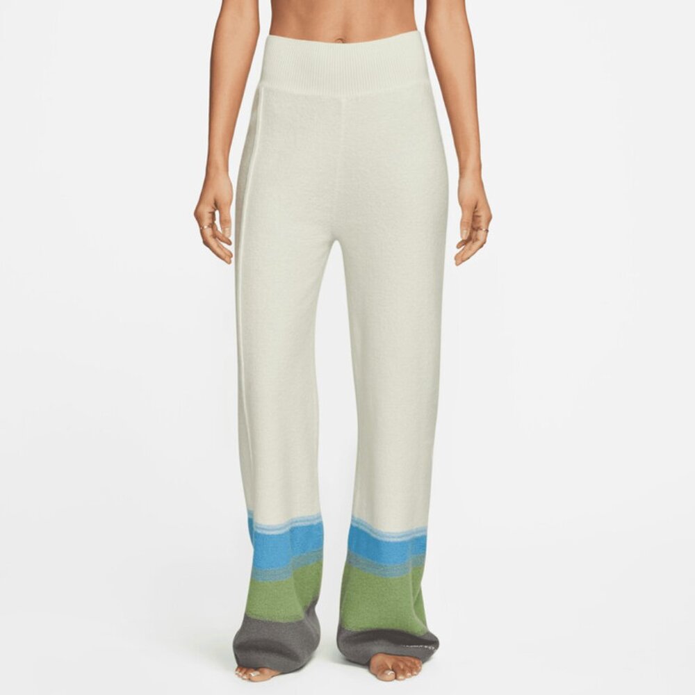 Cream Wide-Leg Knit Pants with Colorblock Hem